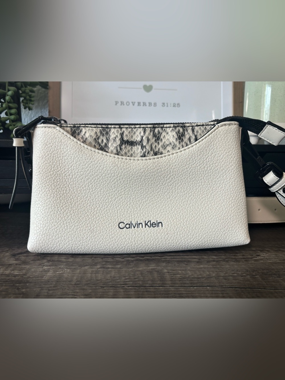 Calvin Klein Cream & Snakeskin Pebbled Leather Crossbody